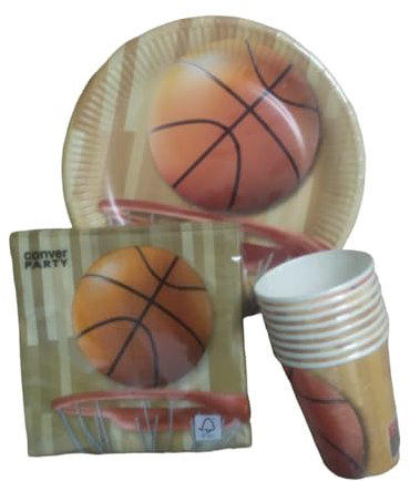 Lote de Vajillas Juveniles Baloncesto (32 Vasos, 32 Platos (23 cm) y 40 Servilletas) .Detalles y Decoración para Fiestas de Cumpleaños, Halloween, Bodas, Bautizos, Comuniones. AB