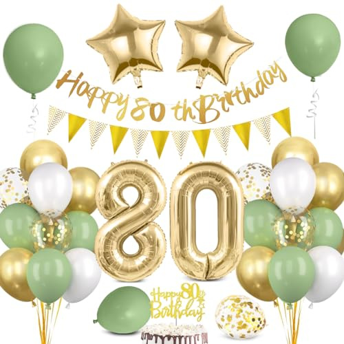 Décoration d'anniversaire 80 ans pour homme et femme – Ballon vert doré, bannière Happy Birthday, guirlande de fanions, ballon en aluminium chiffre 80, décoration de gâteau pour fête