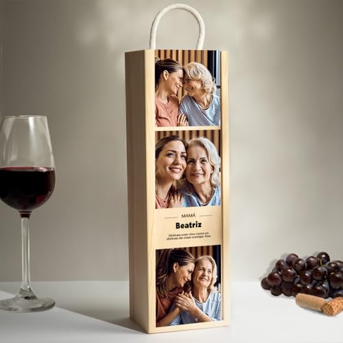 Transparent Gift Caja de Vino Personalizada con Tres Fotos. Regalo Día de la Madre. Cajas de Madera Personalizadas Botella de Vino. Regalos Personalizados para Mujer. Regalos para Madres Cumpleaños