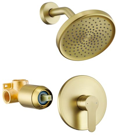 Tohlar Duscharmatur-Set mit Ventil, gebürstetes Gold, 15,2 cm Regenduschkopf | Edelstahl Hochdruck Duschkopf und Wasserhahn Set Grobe Ventil Duschverkleidung Kit Einhandgriff