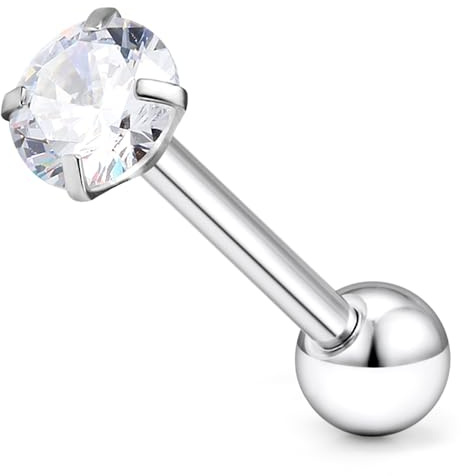Gnznzko 14G Astm F136 Titanium Tongue Rings Shiny Clear CZ Tongue Piercing Jewelry G23 Solid Titanium Internally Threaded 16MM Tongue Rings Piercing Barbell Jewelry for Women Men 14 Gauge