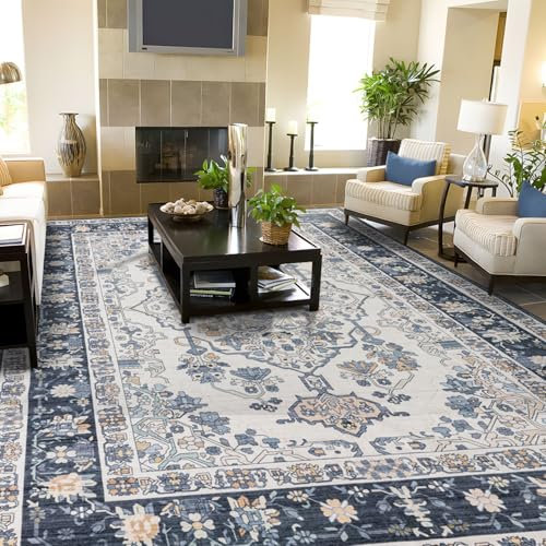 TALETA Teppich Wohnzimmer Waschbar, Orientalisch, Kurzflor Vintage für Schlafzimmer, Esszimmer - Navy Blau, 160 x 230cm
