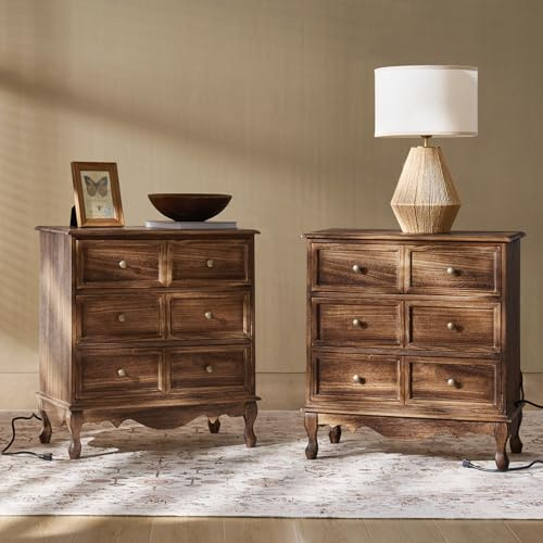 HULALA HOME 3-Drawer Nightstand with Charging Station, Drawer Organizer with Wood Legs, Farmhouse Solid Wood Nightstand Set of 2(Walnut)