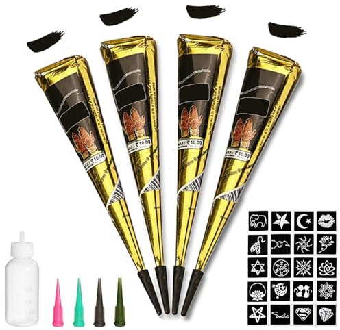 Temporary Tattoos Kit, 4Pcs Black Tattoo Paste Cones, 100% Natural Ready to Use Black Tattoo Paste, India Body DIY Art Painting for Women Men Teens with 20 Adhesive Stencils, 1 Bottle, 4Nozzles
