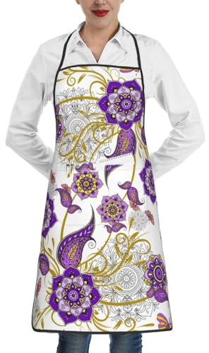 TNOKKU Purple Flower Women Bib Aprons Boho Floral Kitchen Chef Cooking Apron With Pockets For Grilling Bbq Painting Gardening Holiday Kitchen Decor
