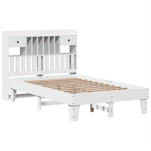 vidaXL Massivholzbett, Holzbett ohne Matratze, Doppelbett Bettgestell mit Lattenrost, Schlafzimmer Bett Kopfteil mit Stauraum, Weiß 135x190cm Kiefernholz