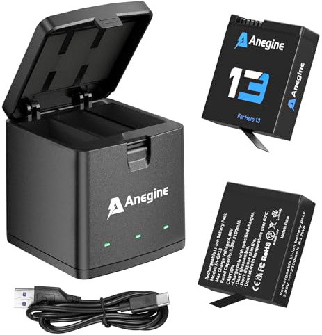 Anegine Hero 13 Akku 2100mAh und LED 3-Kanal USB Speicherladegerät für Hero 13 Black Enduro Wiederaufladbarer Akku mit Typ-C (2er-Pack)
