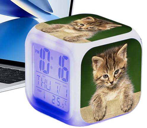 Katzenwecker mit LED-Anzeige, analoger Katzenwecker, Katzenuhr mit niedlichen Funktionen, Wecker für Katzenliebhaber, farbwechselnder Katzenwecker, Katzen-Sound-Wecker, leiser Katzenwecker