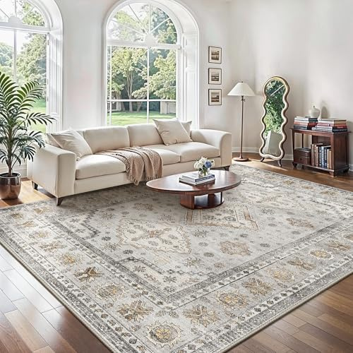 GENIMO Rugs Living Room 200x290cm - Washable Large Rug Short Pile Non-Slip Carpet,Soft Durable Easy Clean Beige Rug for Dining Room,Home Office
