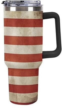 RKJVB Vakuumisolierter Autobecher aus Edelstahl, Vintage, amerikanische USA-Flagge, bedruckt, auslaufsicher, mit Griff und Strohhalm, Kaffeebecher, Wasserflasche für kalte heiße Getränke, 1,2 l,