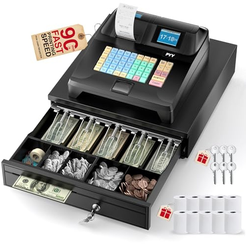 PYY Cash Register for Small Businesses - Commercial Electronic Caja Registradora para Negocio with Black Large Lock Cash Drawer Box, 8 Digital Dual Display, Retail System for Restaurant