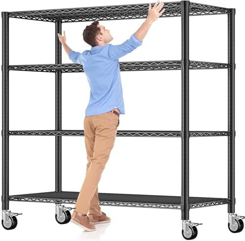 Taotigzu 4-Tier Heavy Duty Metal Wire Garage Shelving Unit with Wheels | 140.5 * 60.5 * 192CM,Height Adjustable,Pantry Shelf ,Commercial Shelvin,Black