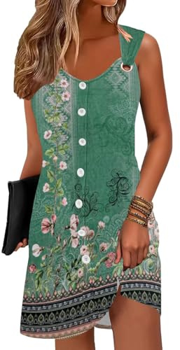 ABYOVRT Vestido Mujer Sin Mangas Vestido Túnica Verano Estampados de Línea A Casual Boho Vestidos hasta la Rodilla para Mujer,Verde,XL