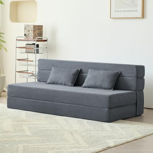 Luoxiao Klappmatratze 150 cm Faltmatratze 2-teilige Gästematratze Klappbar mit 2 Kissen Faltbare Schlafsofa Matratze Memory-Schaum Klappbett Schlafcouch für Wohnzimmer, Gästes Hellgrau