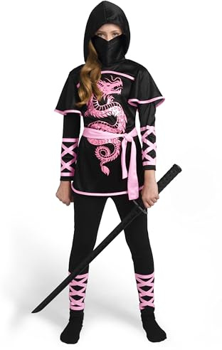 Spooktacular Creations Conjunto de disfraz de dragón ninja definitivo para niños, negro y rosa, atuendo ninja para niñas para fiestas de disfraces de Halloween, talla S