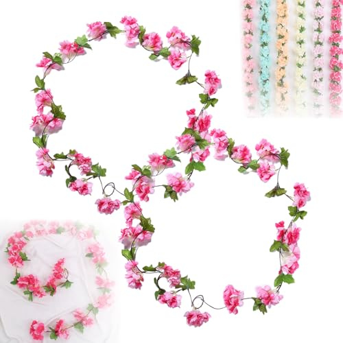 FENGJIAHUI 2 Stück Künstliche Deko, Blumengirlande Deko, Kirschblütengirlande, Blumen Girlande, Künstliche Blumengirlande, Party Hochzeit, Kirschblüten (Stil 3 Rosenrot 460MM)