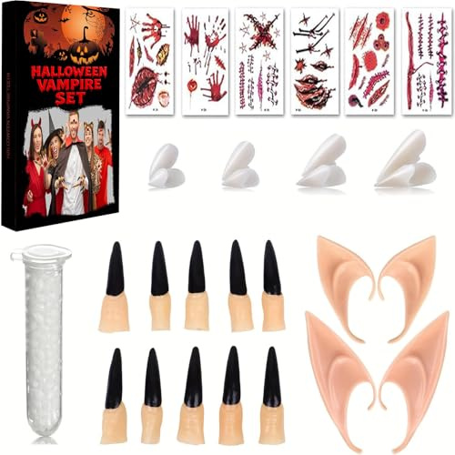 Bayuyi Halloween Vampir Set – 4 Größen Vampirzähne mit Klebepellets, 2 Paar Elfenohren, 10 Krallen, 6 Tattoos – realistisch, für Kinder & Erwachsene, Cosplay, Karneval & Grusel Party Zubehör