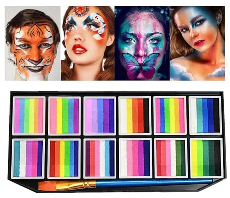 Kit de peinture pour visage – Peinture corporelle pour la peau – Lavable à base d'eau – Longue durée – 12 grilles avec pinceau marqueurs de maquillage pour festival, sport, théâtre, filles, cosplay