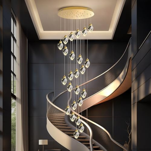 CNMKLM Gold Spirale Treppenhaus Pendelleuchte Moderne Kristall-Hängeleuchte LED Dimmbare Hängelampe Hohe Decke Diamant-Kristall-Pendellampe Beleuchtung Für Eingang, Foyer(24 heads/125W)