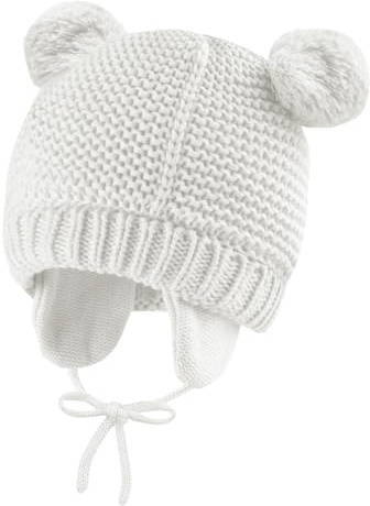 Mayoii Wintermütze Baby mit Ohrenklappen – Weiche gestrickte Baby Mütze Neugeborene mit niedlichen Bärenohren, gefütterte warme Baumwoll-Beanie für Kleinkinder (DE/NL/SE/PL, Alphanumerisch, M, Weiß)