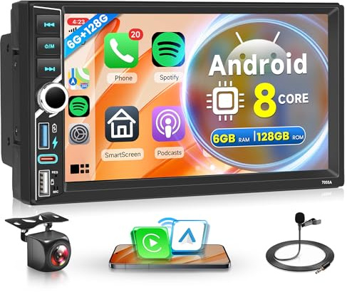 6G+128G Double Din Android Car Stereo with Wireless Carplay Android Auto, 7 Inch IPS Touch Screen 2 Din Car Radio with GPS Navigation Bluetooth FM RDS DSP WiFi SWC Backup Camera