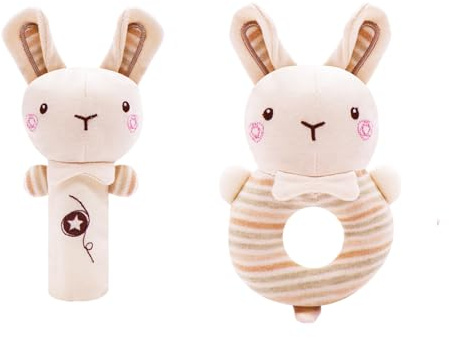 2 Pcs Soft Rattle Toys for Babies 0-6 Months,Baby Soft Rattle Sensory Toys,Plush Animal Hand Rattles Toys,Babies Sensory,Early Developmental Newborn Baby Birthday Gifts,Girls Boys Babies (Rabbits)