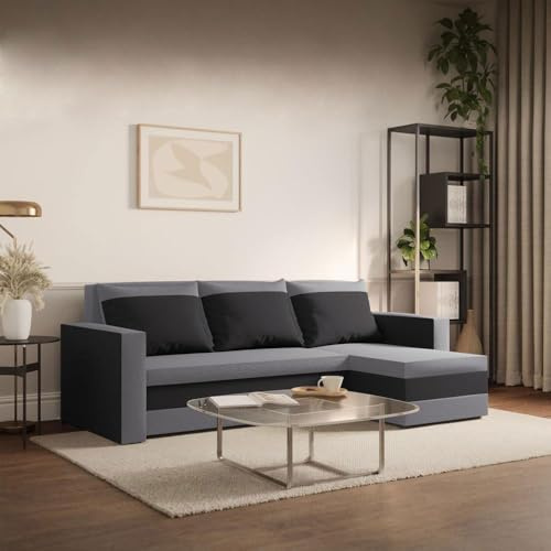 FORNIRO 24 Loft Ecksofa 225x130x75cm Graphit Wohnzimmer Couch Schlafsofa | Mit Schlaffunktion & Bettkasten - L-Form - Kissen - Stoff Komfort | ausziehbar Gäste bequem Stauraum Design hochwertig robust