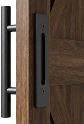 QWORK® Juego de manijas de puerta de granero de 25 cm, color negro mate resistente, tirador de puerta corredera de doble cara y mango empotrado para puertas internas, cobertizos y garajes
