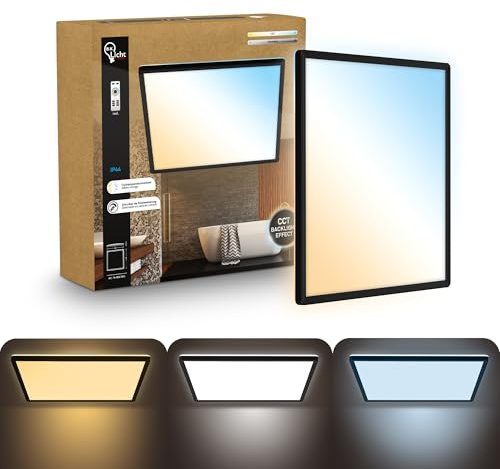 B.K.Licht - LED Deckenlampe, Flach, Dimmbar, Indirektes Licht, CCT warmweiß bis tageslichtweiß, IP44, Panel, Deckenleuchte, Kinderzimmer, Wohnzimmerlampe, Badezimmer Lampe, 42x42x3cm, Schwarz