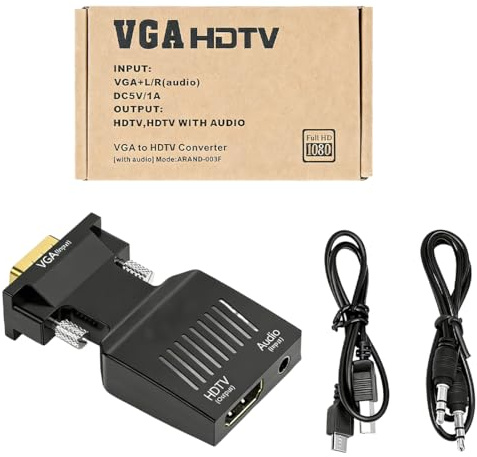 GYCAQAC Convertidor VGA a HDMl con Audio Adaptador VGA Macho a HDMI Hembra 1080P, con Cable de Audio 3,5 mm, con Fuente de Salida, para Laptop, Computadora, Proyector, Plug to Play