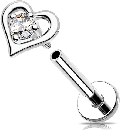 OUFER 16G Herz Innengewinde Helix Ohrringe 316L Edelstahl Stern Lippenpiercing Lip Stud mit Klar CZ 6/8 mm Tragus Helix Labret Piercing Schmuck für Frauen