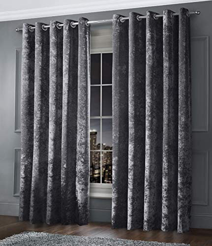 Intimates Luxury Thermal Crushed Velvet Charcoal Dark Grey Ringtop Pair of Curtains (46 Wide x 54 Drop)
