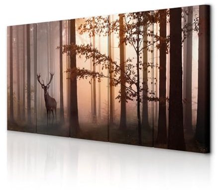 decomonkey Bilder Hirsch 200x80 cm 5 Teilig Leinwandbilder Wandbild Tiere | Bild auf Leinwand, Kunstdruck, Wanddeko, Wohnzimmer, Wanddekoration, Wald, Natur