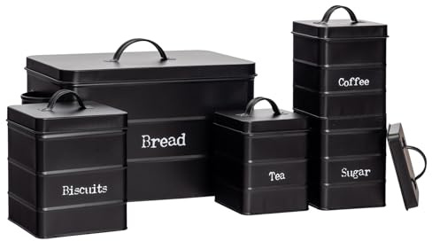 Harbour Housewares Metal Kitchen Canister Set - Black - 5pc Vintage Retro Food Storage Preservation Canister Caddy Container Bread Bin with Airtight Fit Lid for Kitchen Organisation & Home Décor
