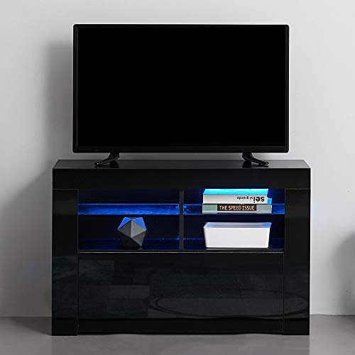 Panana Modern TV Stand Unit Cabinet with LED Lights High Gloss Door TV Entertainment Cabinet with Storage Drawer and Shelves for Living Room White (Black)