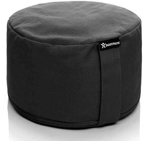BODYMATE Extra-Hohes Yogakissen rund 31cm Durchmesser 20cm hoch Schwarz mit Buchweizen-Spelz Füllung – Maschinenwaschbarer Bezug aus 100% extra Dicker Baumwolle – Meditationskissen – Sitzkissen