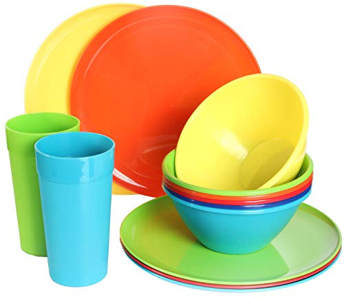 Youngever 18er Set Geschirr aus Kunststoff, Platten (25CM), Schalen (1000ML), Becher (600ML), Dienst für 6 (Rainbow)