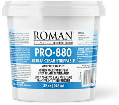 Roman Ultra Clear Strippable Wallpaper Adhesive for Most Types of Wallpaper, Clear PRO-880, 32 Ounce, 80 Sq. Ft.