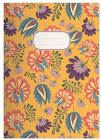 Kartenkaufrausch 4x Schöne Jugendstil DIN A4 Schulheft, Schreibhefte mit üppigen Blüten in Gelb Lineatur 27 (liniertes Heft)