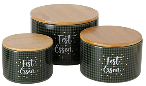 MamboCat 3tlg Set Gebäckdosen Windsor I Fest Essen I Ø 11cm, 13cm & 16cm I runde schottisch-grüne Plätzchen-Dose mit Holz-Deckel, Weihnachts-Vorratsdose, Geschenkdosen aus Steingut I Advent