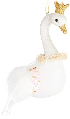 BRUBAKER Schwan Prinzessin mit Glitzer Krone Weihnachtskugel aus Glas | Handbemalt und Mundgeblasen - Christbaumschmuck Lustig - Weihnachtsdeko Figur Anhänger - Deko Baumkugel Weiß