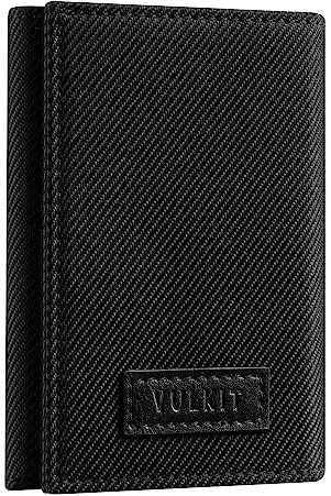 VULKIT Minimalistiskt läder Rfid-blockerande trippelvikt plånbok smal kreditkortshållare med 3 ID-fönster och blixtlåsficka för män, Svart, minimalist