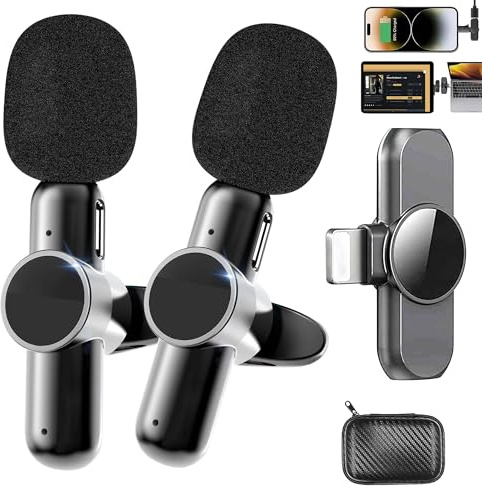 MLZTINGR Microfono Wireless, microfono lavalier per iPhone iPad, lavalier iphone per YouTube, Live Stream, Vlogging, Intervista, Plug & Play microfono iphone14/13/12/Androide, 6-7H, 65ft