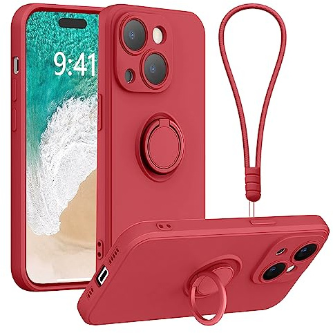 Galful iPhone 14 Case with 360° Ring Holder Kickstand & Wrist Strap, Red