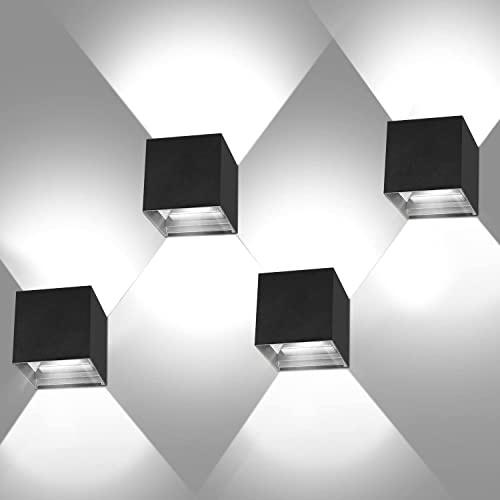Kingwei 4 Stücke LED Wandleuchten Aussen 12W Mit Up Down Wandlampen Einstellbar Abstrahlwinkel Aussenleuchten IP65 Kaltweiß 6000K Außenwandleuchten Schwarz
