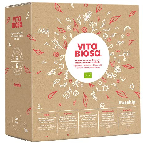Vita Biosa Hagebutte Bio Fermentgetränk 3L Bag-in-Box – würzig-sauerer Geschmack mit Hagebuttenextrakt und 19 Kräutern - biologischem Anbau – vegan, zuckerfrei, laktosefrei, Bio-Qualität