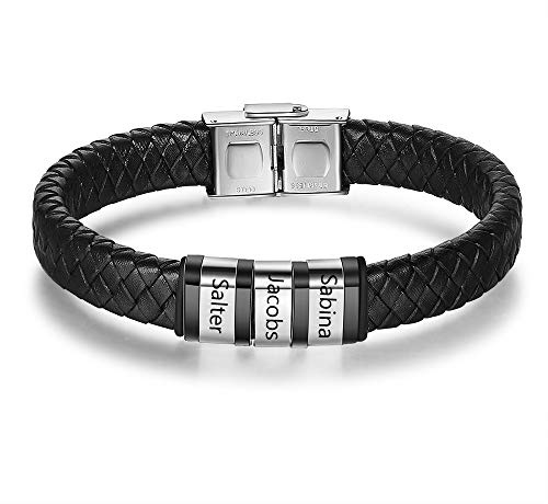 Personalisiertes Herrenarmband mit Gravur Name Lederarmband Silber Schwarz Edelstahlarmband für Väter Söhne Ehemänner Geschenk für Vatertag Weihnachten Geburtstag (Silber 5 Name) (Silber 3 Name)