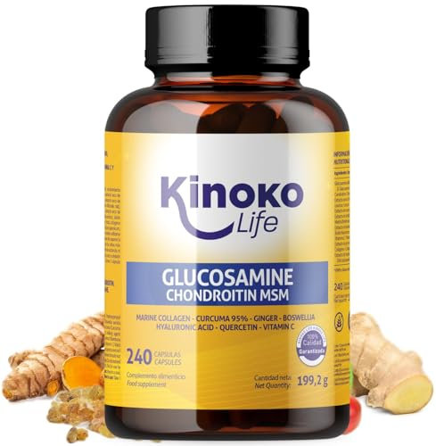 Kinoko life Glucosamin und Chondroitin – 240 Kapseln mit MSM, Meereskollagen, Hyaluronsäure, Kurkuma, schwarzem Pfeffer, Ingwer, Boswellia und Quercetin. Für Gelenke, Knorpel und Knochen