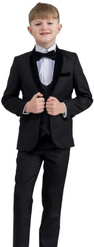 Milano Mayfair, Boys Black Tuxedo Suit with Velvet Lapel, Boys Wedding Page Boy Party Prom Suit, 12-18m to 14 Years