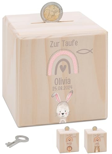 wunderwunsch® - Personalisierte Spardose Kinder aus Holz mit Metallschloss - Spardose mit Namen mit kinderfreundlichem UV-Druck zum Sparen für Kinderträume (Hase)
